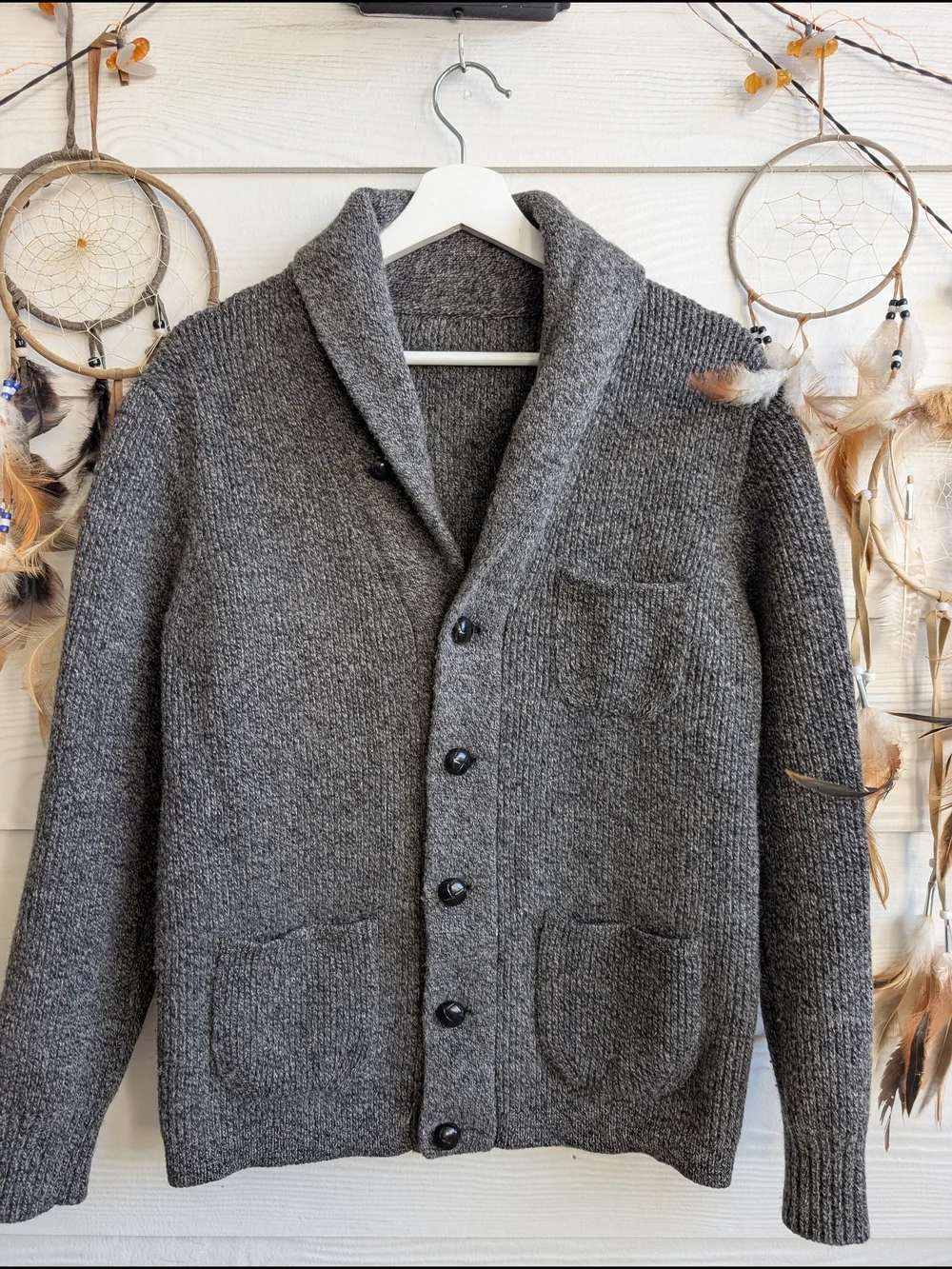 J Crew Sweater Men Gray Lambswool Shawl Collar Cardigan Chunky Knit